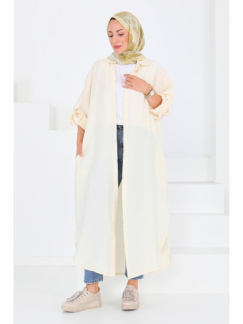 Düğmeli Elbise Ekru - 27547-2