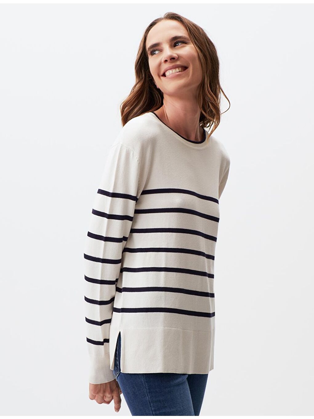 Ekru Uzun Kollu Bisiklet Yaka Çizgili Triko Kazak