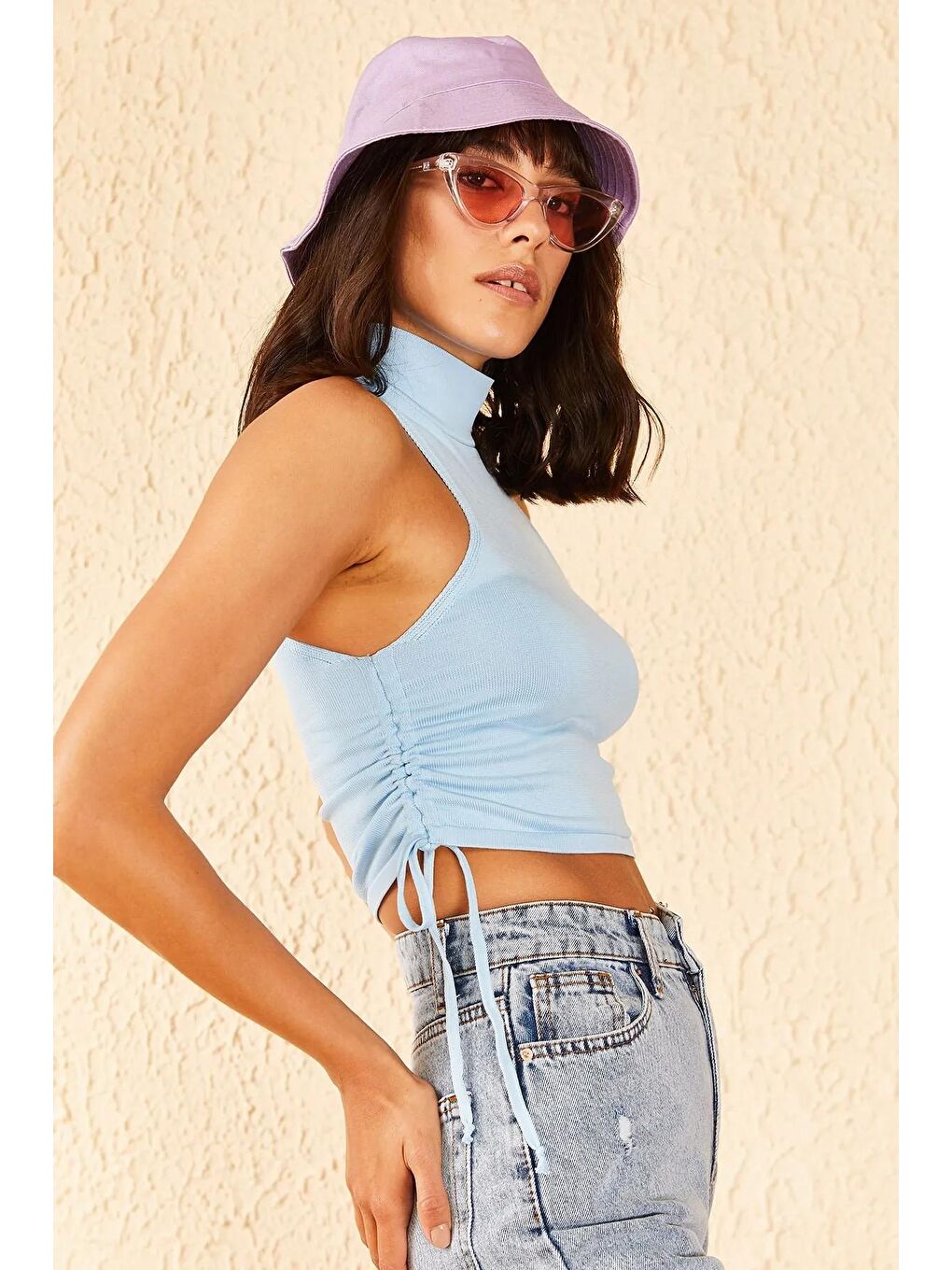 Mavi Kadın Balıkçı Yaka Ayarlanabilir Triko Bluz