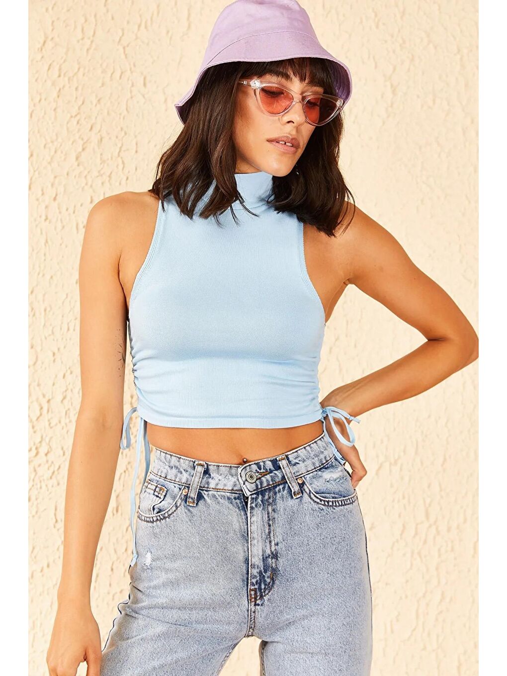 Mavi Kadın Balıkçı Yaka Ayarlanabilir Triko Bluz-1