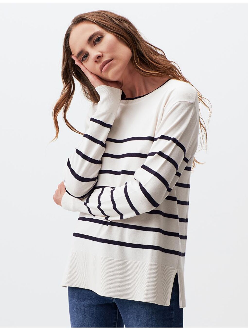 Ekru Uzun Kollu Bisiklet Yaka Çizgili Triko Kazak-1