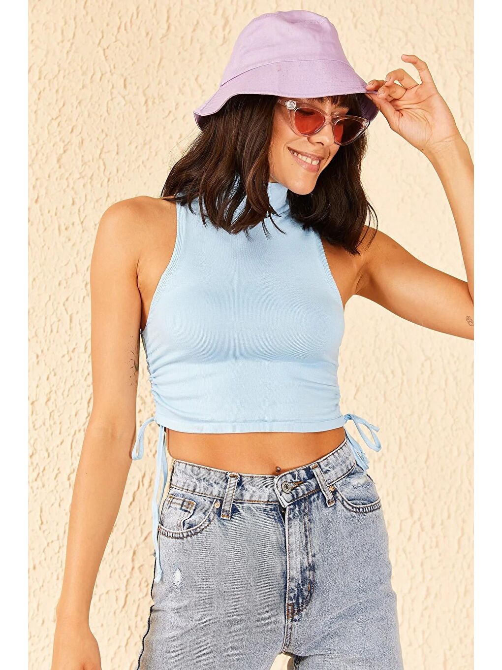 Mavi Kadın Balıkçı Yaka Ayarlanabilir Triko Bluz-2