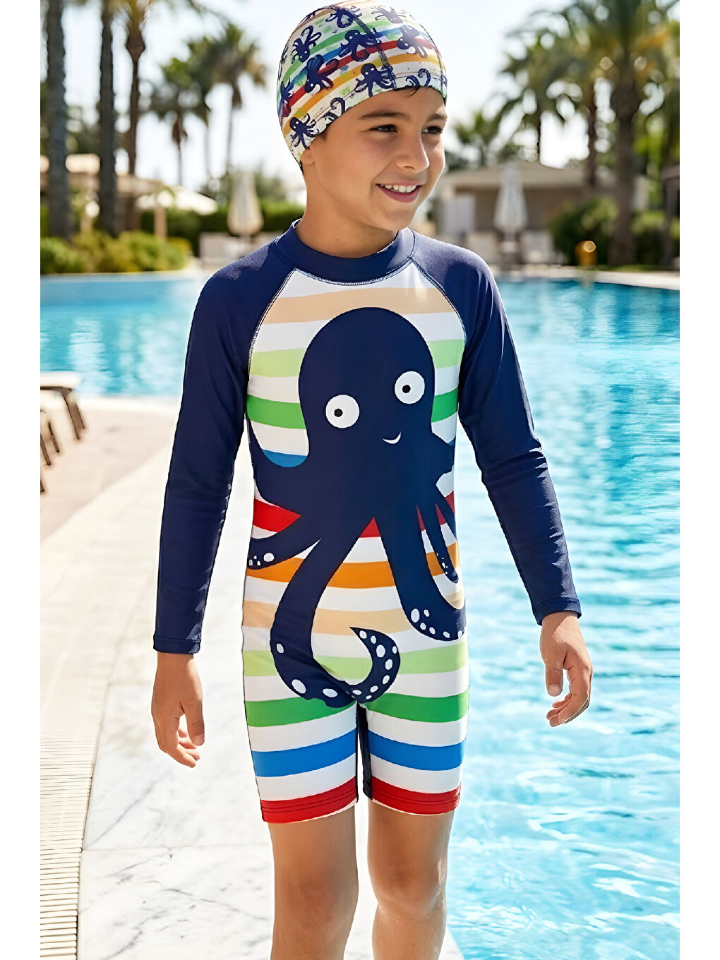 Karışık Erkek Çocuk Mayo Takımı-Uzun Kollu Yüzücü Mayo ve Bone 4-12 Yaş 12637N