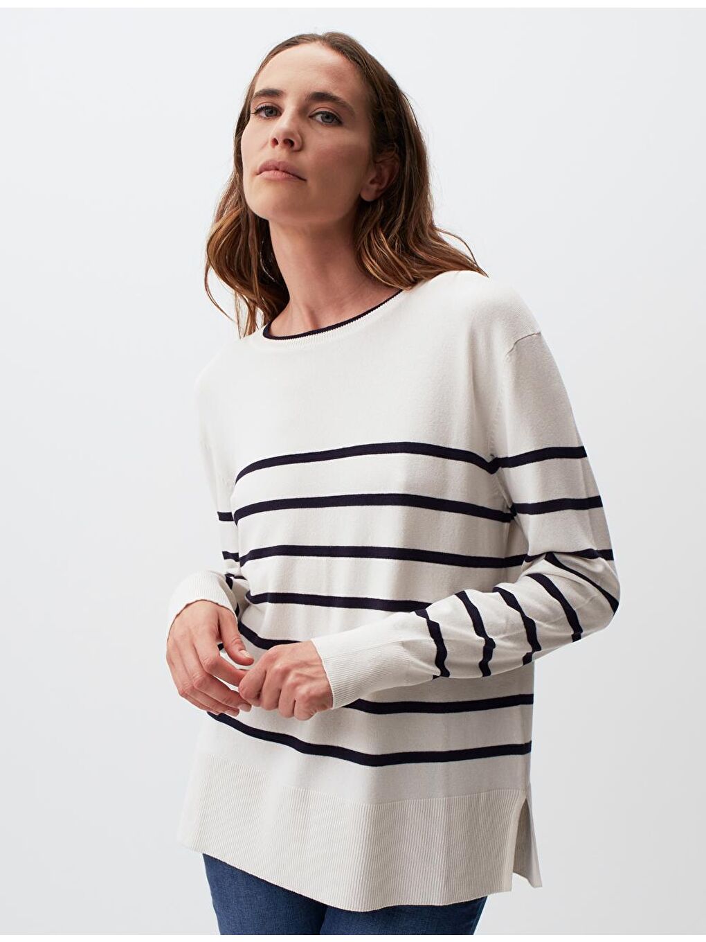 Ekru Uzun Kollu Bisiklet Yaka Çizgili Triko Kazak-2
