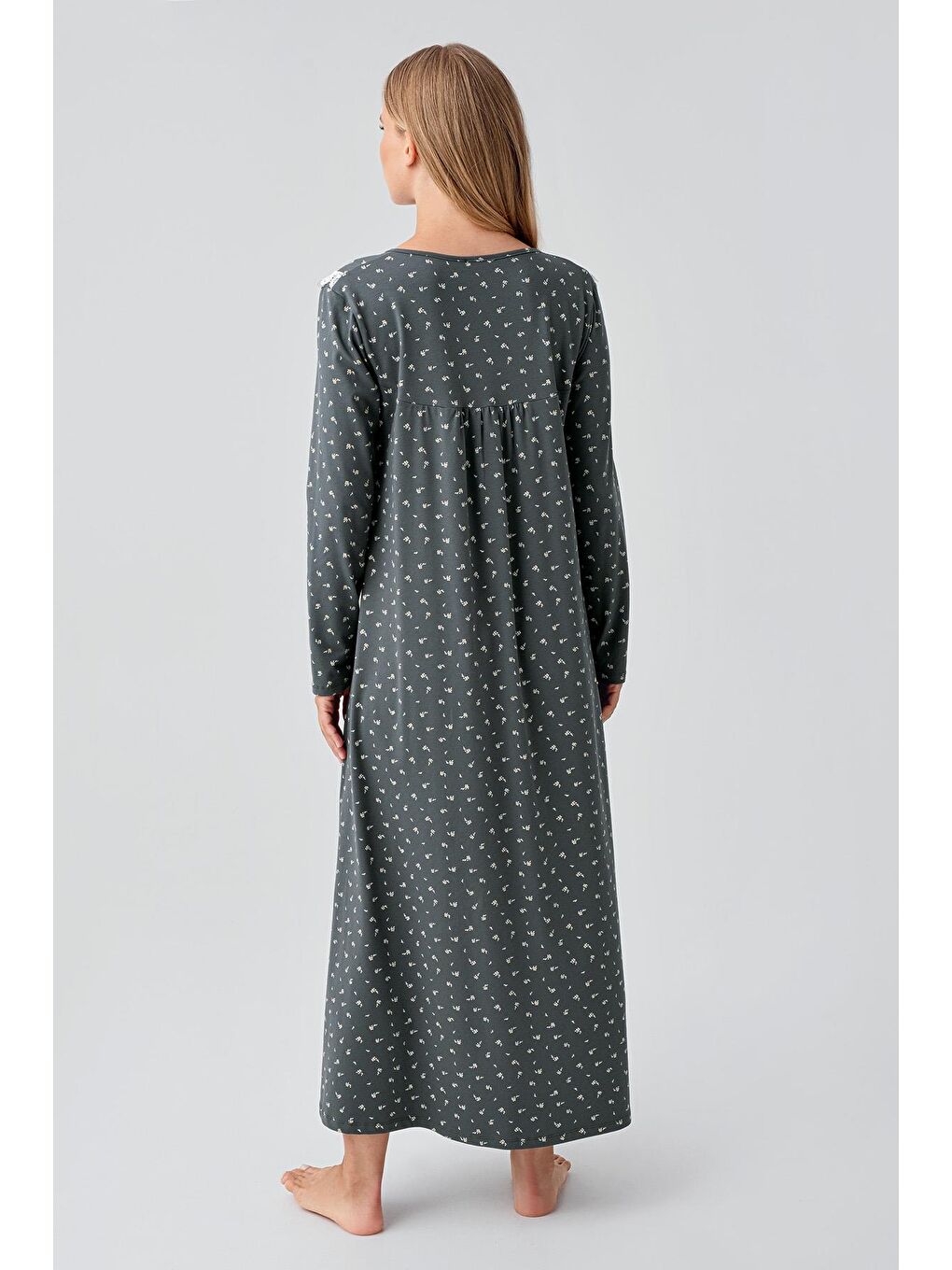 Yeşil Uzun Kollu Desenli Düğmeli Esnek Pamuklu Gecelik 18101-2