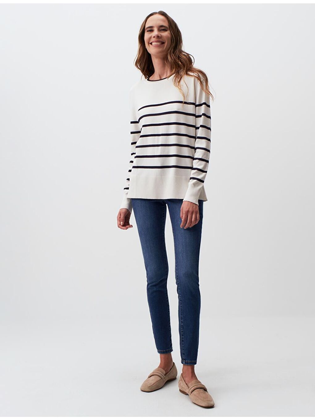 Ekru Uzun Kollu Bisiklet Yaka Çizgili Triko Kazak-3