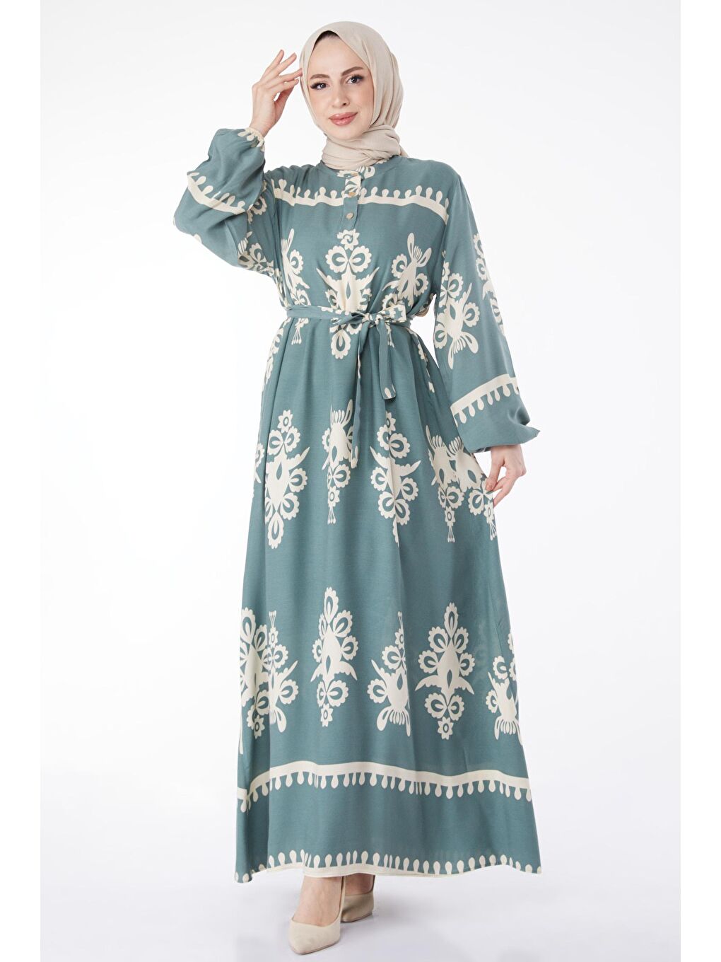 Hakim Yaka Kadın Yeşil Desenli Renkli Elbise - 24989