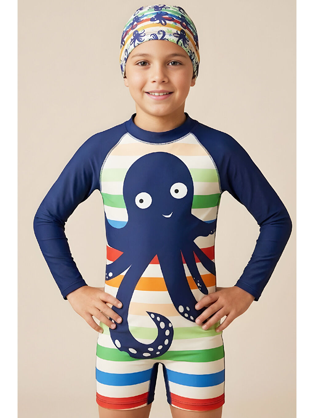 Karışık Erkek Çocuk Mayo Takımı-Uzun Kollu Yüzücü Mayo ve Bone 4-12 Yaş 12637N-1