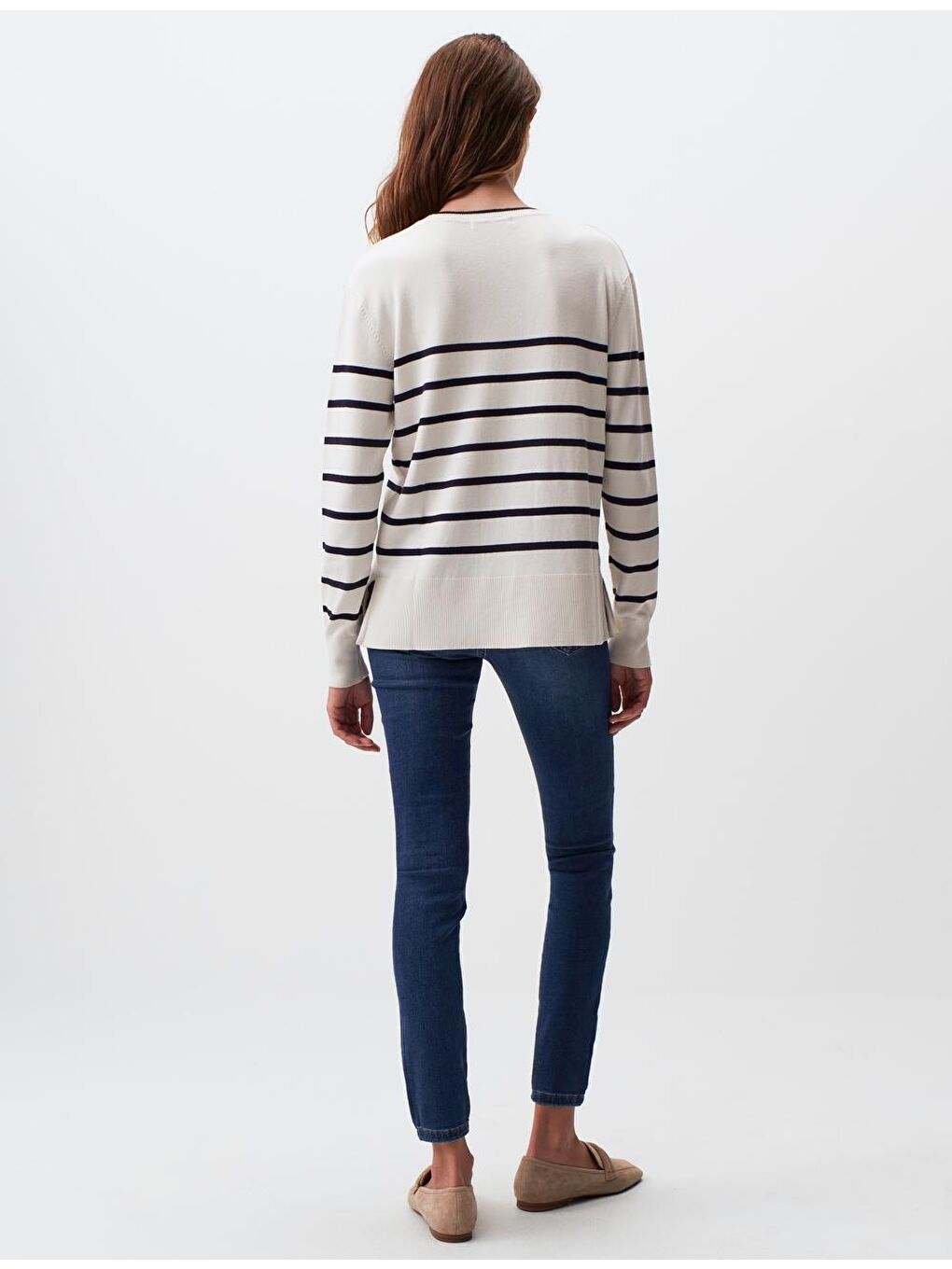 Ekru Uzun Kollu Bisiklet Yaka Çizgili Triko Kazak-4