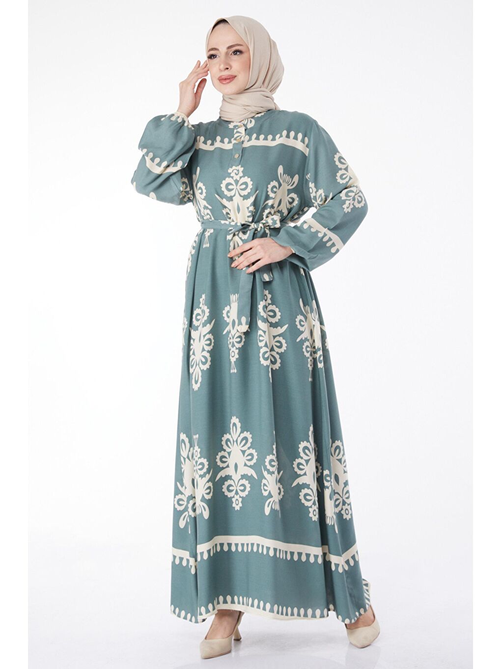 Hakim Yaka Kadın Yeşil Desenli Renkli Elbise - 24989-1