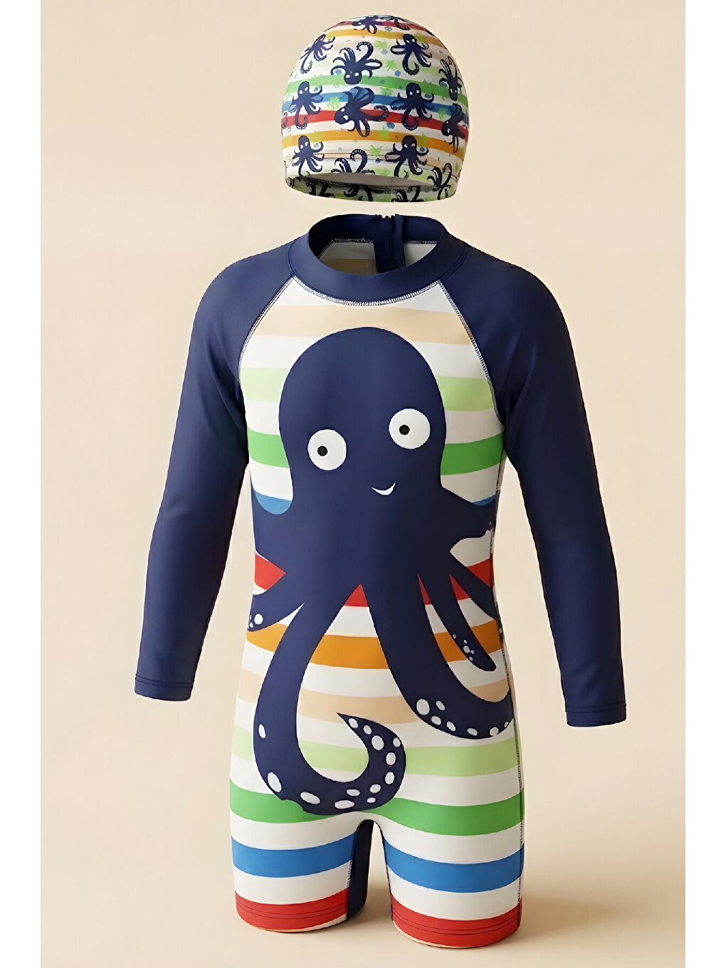 Karışık Erkek Çocuk Mayo Takımı-Uzun Kollu Yüzücü Mayo ve Bone 4-12 Yaş 12637N-2