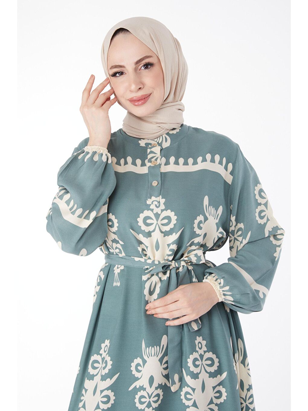 Hakim Yaka Kadın Yeşil Desenli Renkli Elbise - 24989-2