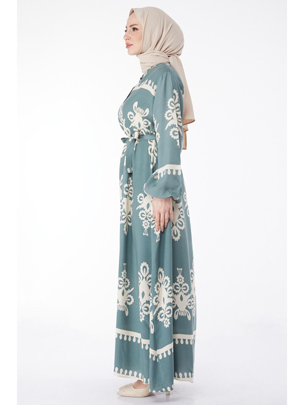 Hakim Yaka Kadın Yeşil Desenli Renkli Elbise - 24989-3