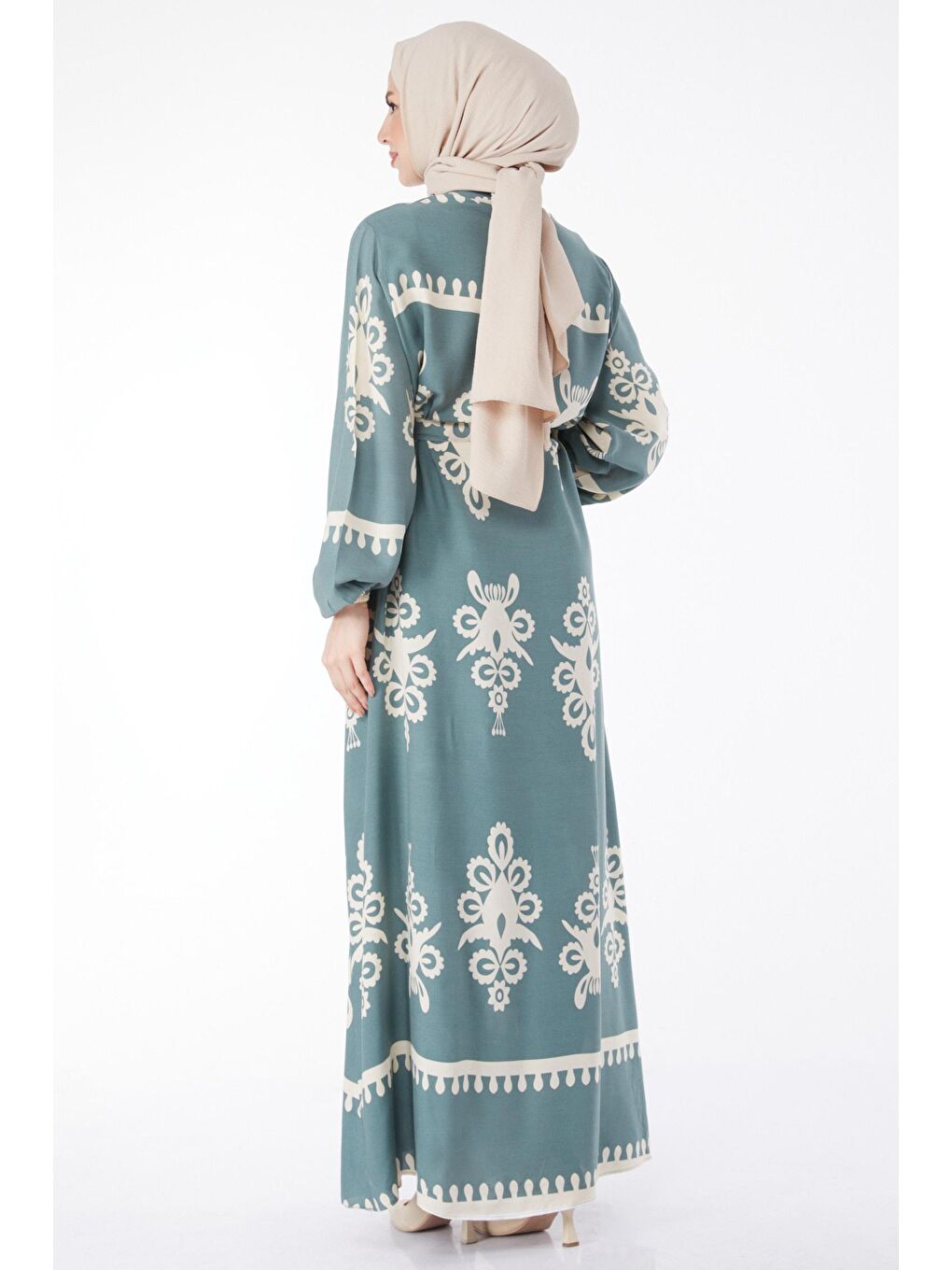 Hakim Yaka Kadın Yeşil Desenli Renkli Elbise - 24989-4