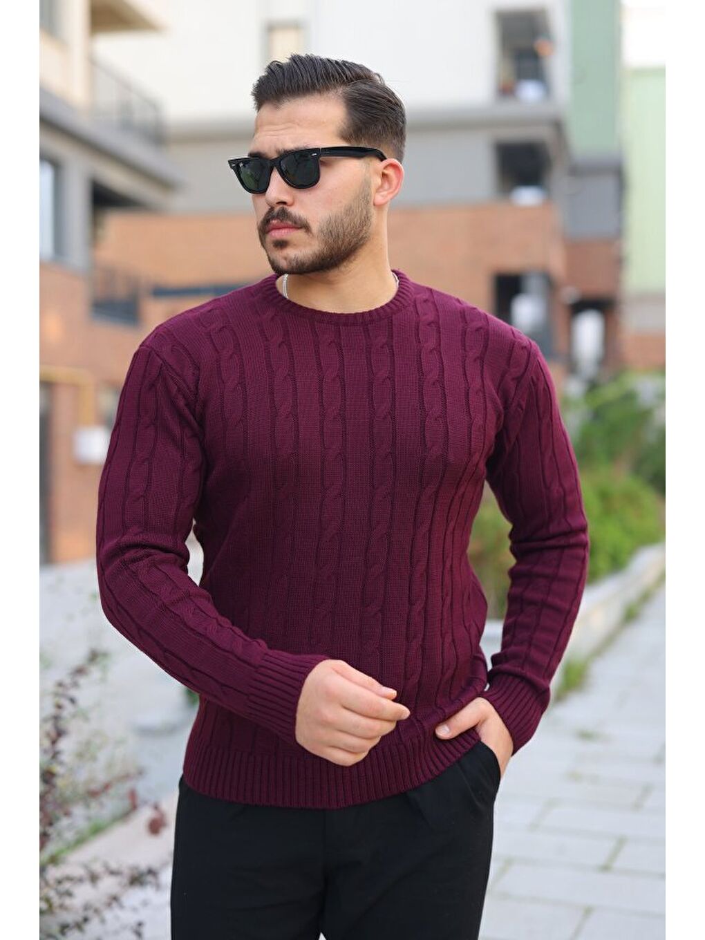 Mürdüm Erkek örgü Desen Bisiklet Yaka Kazak