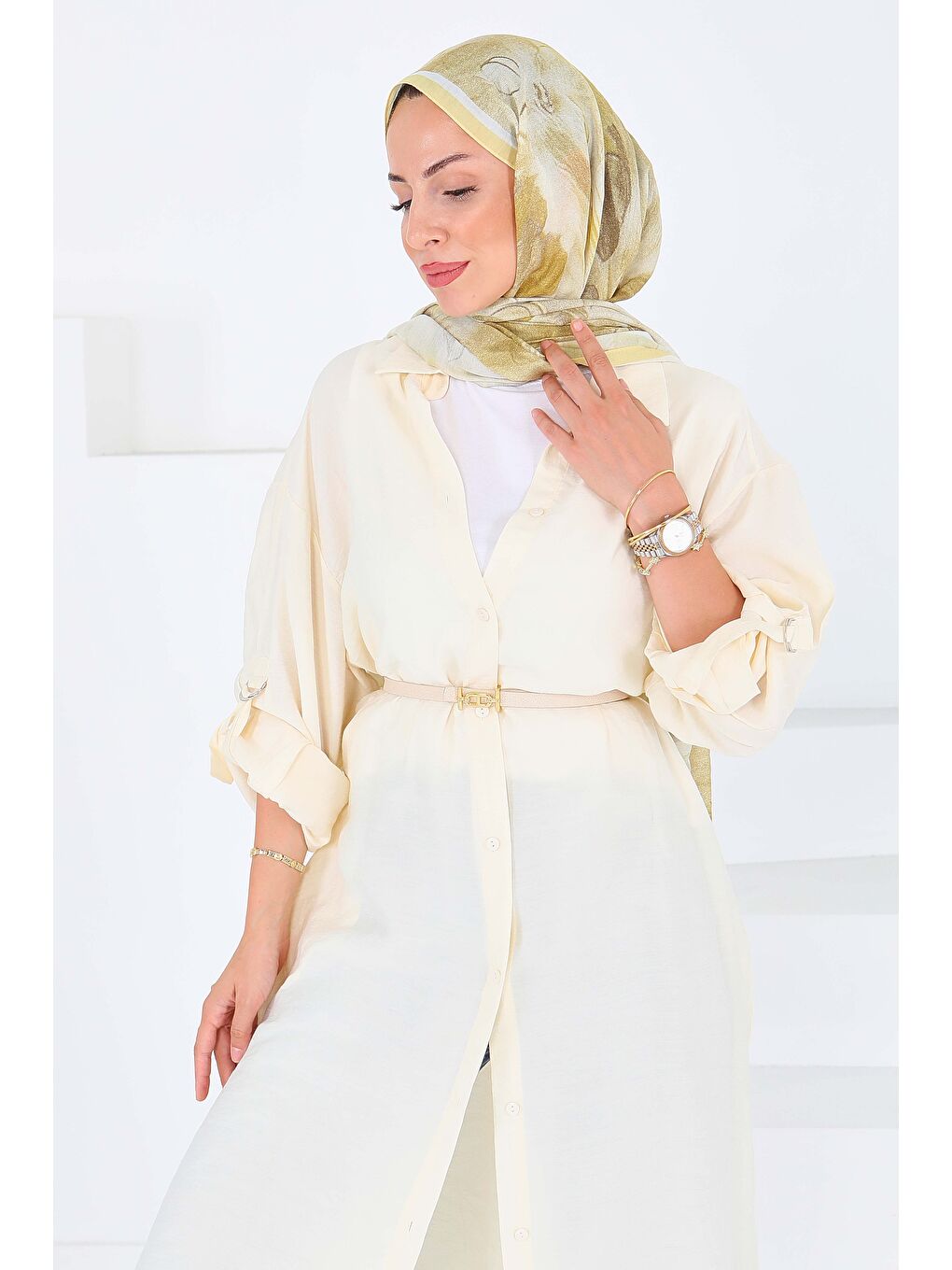 Düğmeli Elbise Ekru - 27547-3