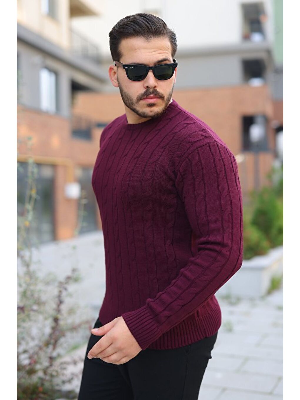 Mürdüm Erkek örgü Desen Bisiklet Yaka Kazak-1