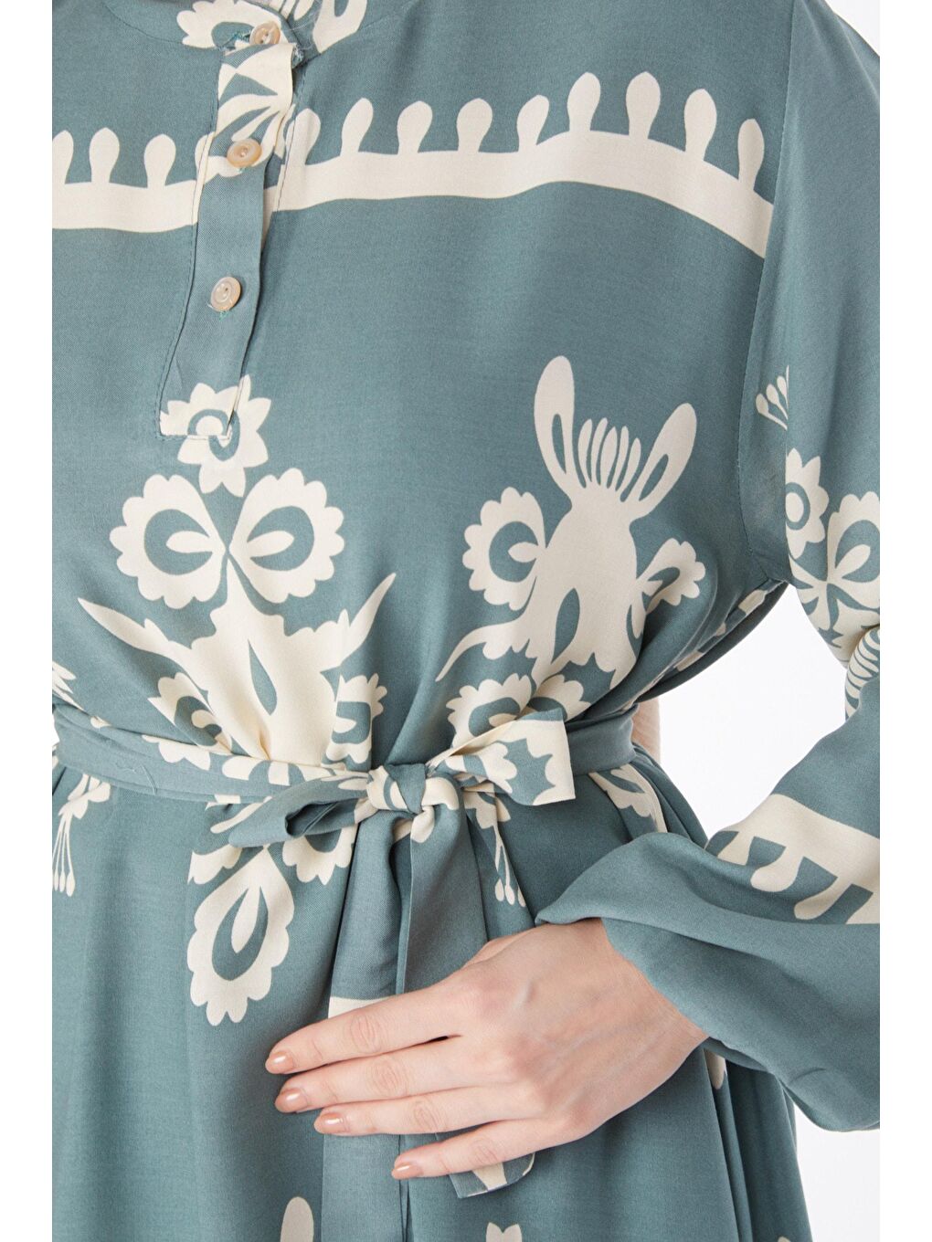 Hakim Yaka Kadın Yeşil Desenli Renkli Elbise - 24989-5