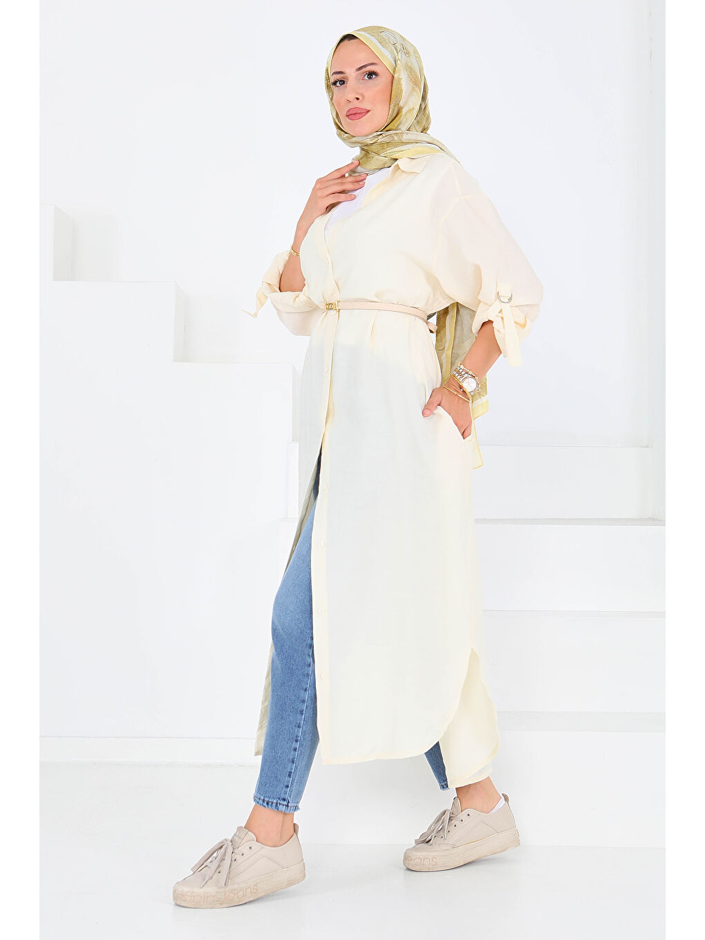 Düğmeli Elbise Ekru - 27547-4