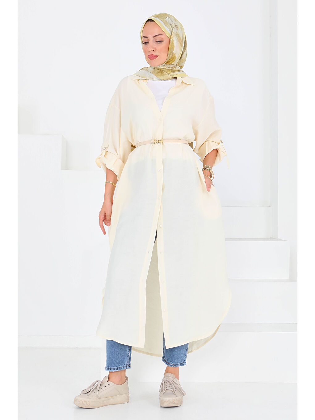 Düğmeli Elbise Ekru - 27547-5