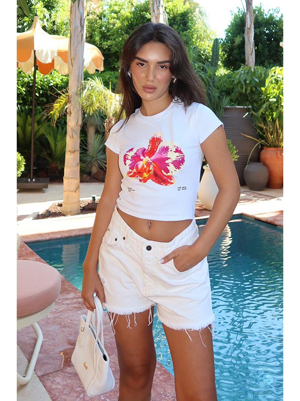 Beyaz Baskılı Kadın Tişört Mg2492-3