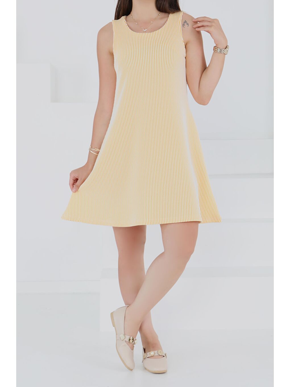 Sarı Su Yolu Fermuarlı Elbise Sari - 27502