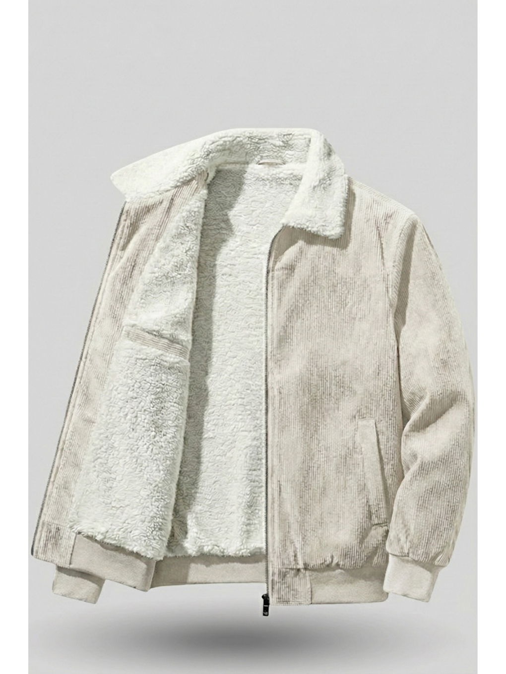 Bej Erkek Kadife Mont Pelüş Astarlı Tam Fermuarlı Gömlek Yaka Spor Mont