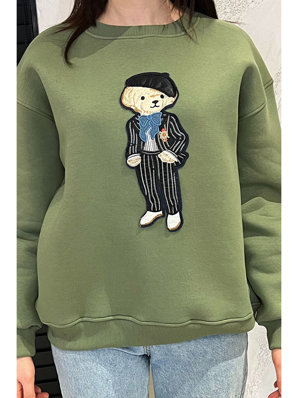 Haki Kadın Bisiklet Yaka Aplikeli Sweatshirt (aplike Ayılar Farklı Gelebilir)-2