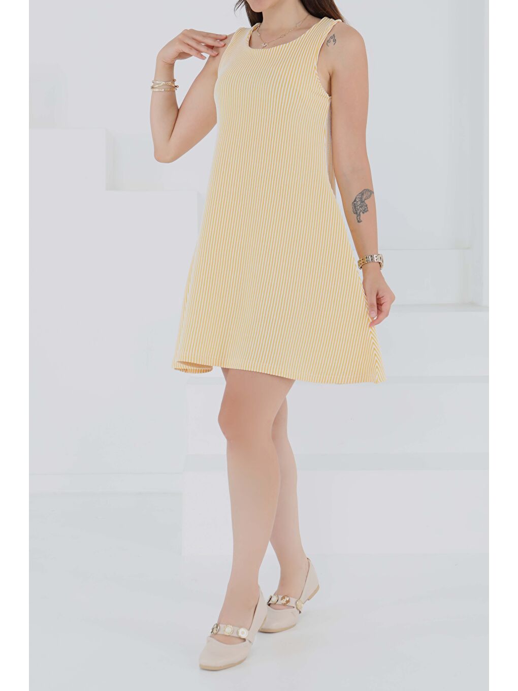 Sarı Su Yolu Fermuarlı Elbise Sari - 27502-1