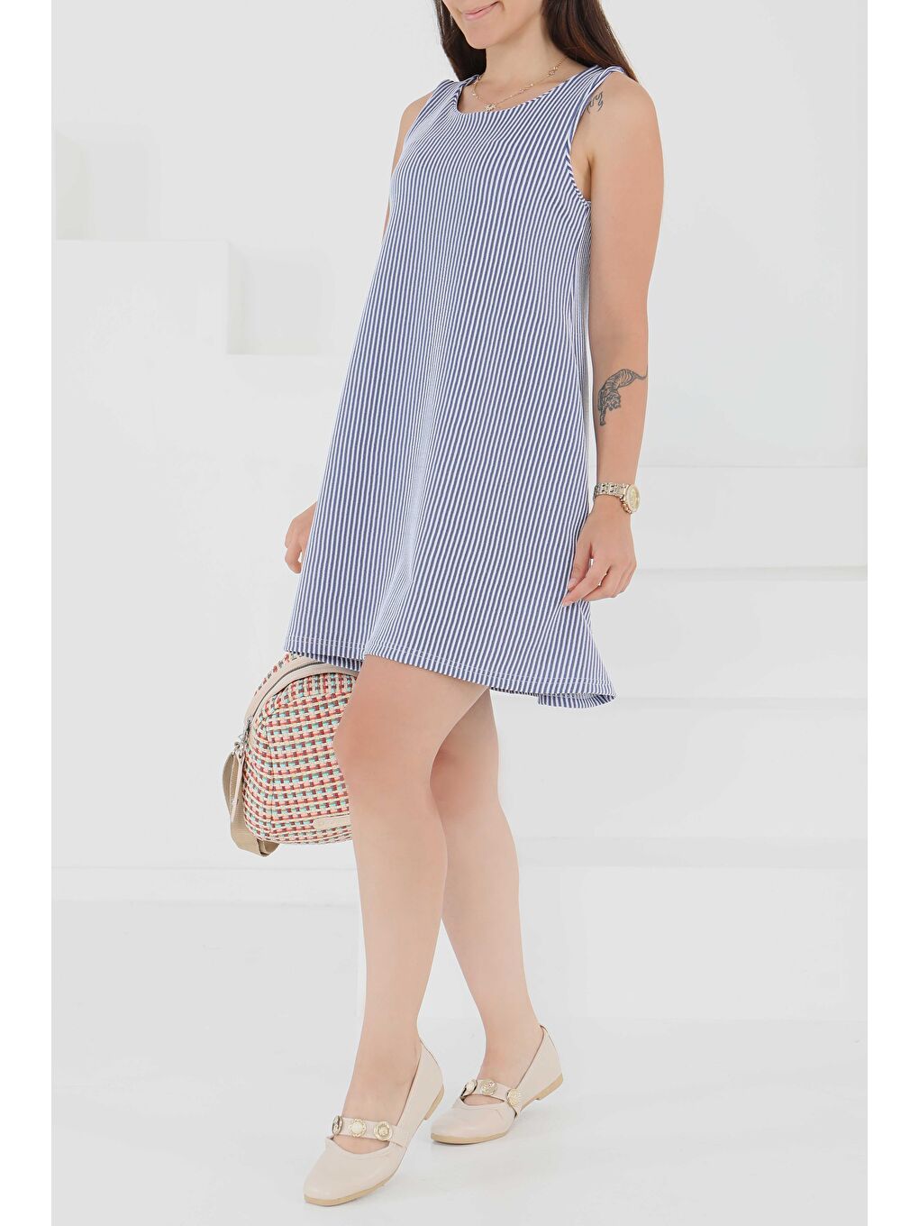 Su Yolu Fermuarlı Elbise Lacivert - 27502-1