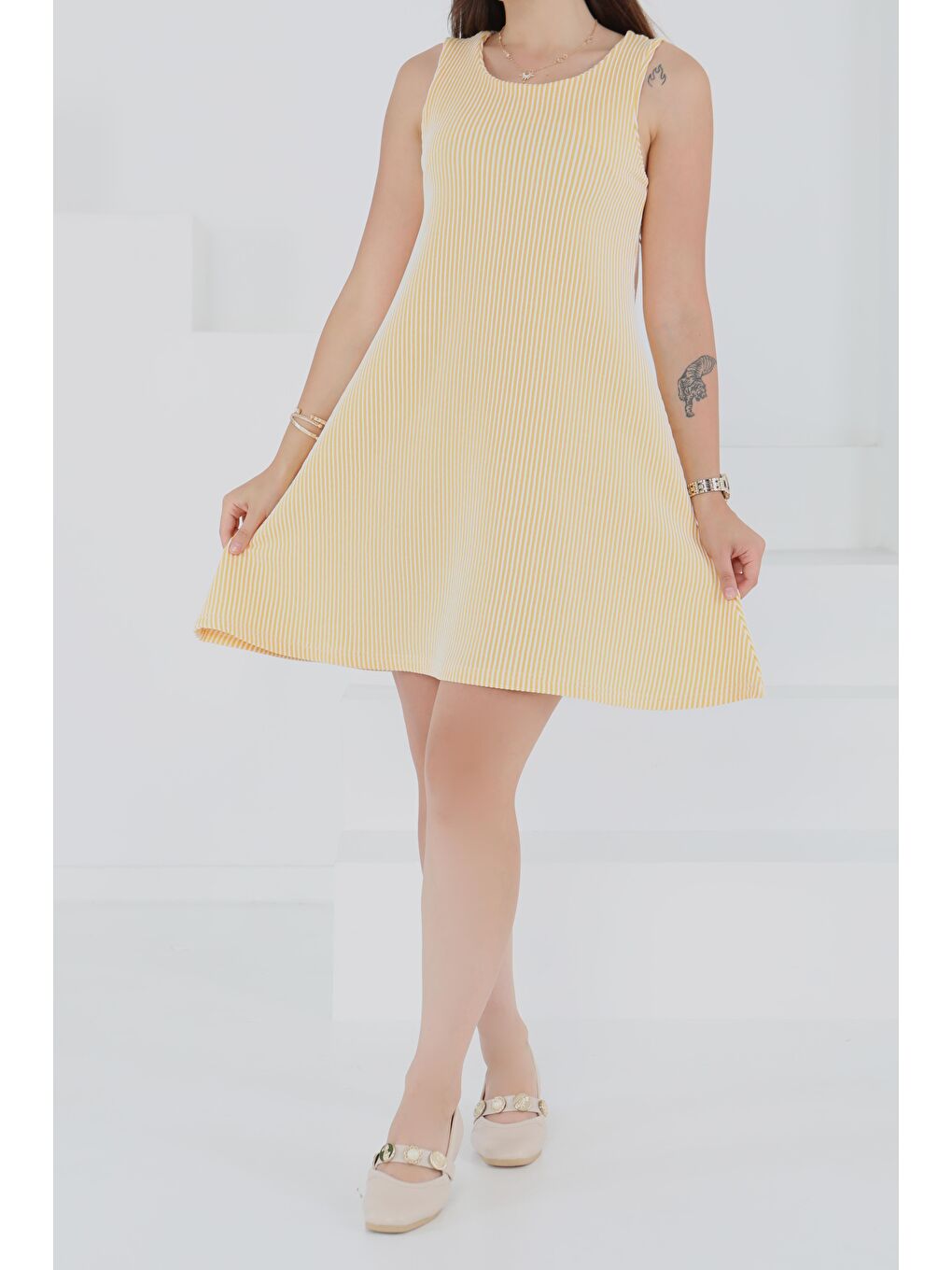 Sarı Su Yolu Fermuarlı Elbise Sari - 27502-2