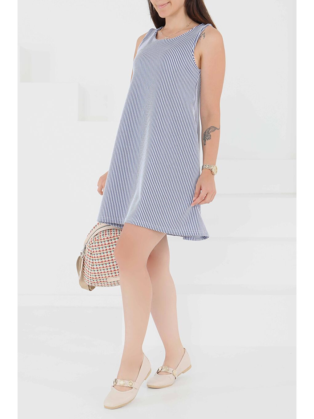 Su Yolu Fermuarlı Elbise Lacivert - 27502-2