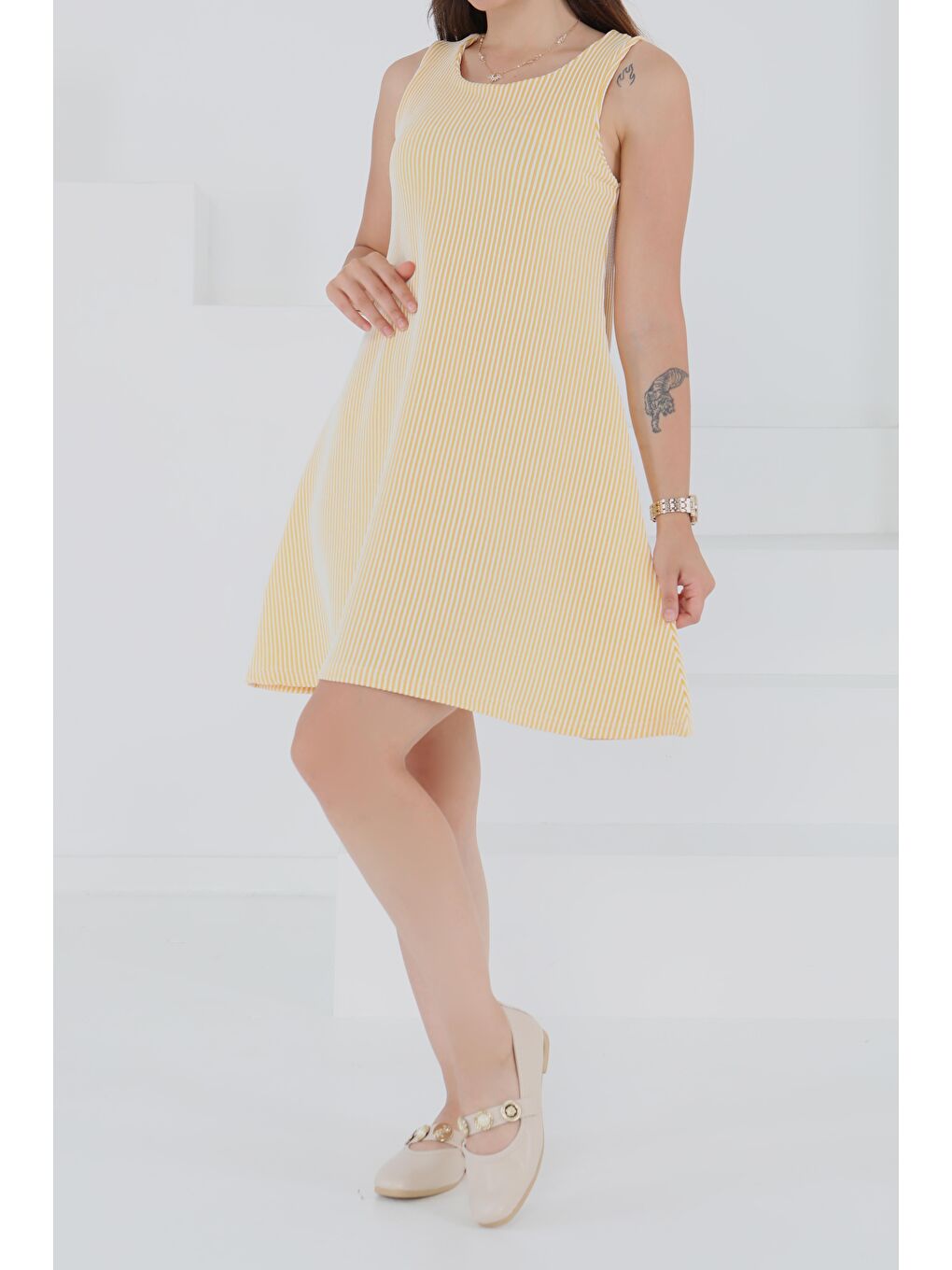 Sarı Su Yolu Fermuarlı Elbise Sari - 27502-3