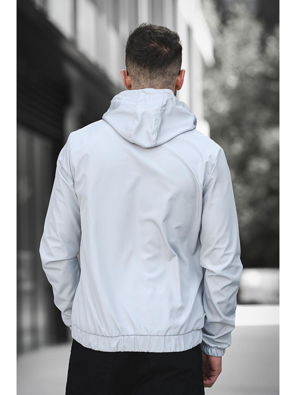 Gri Suya Dayanaklı Slim Fit Erkek Kapüşonlu Mevsimlik Mont Yağmurluk-3