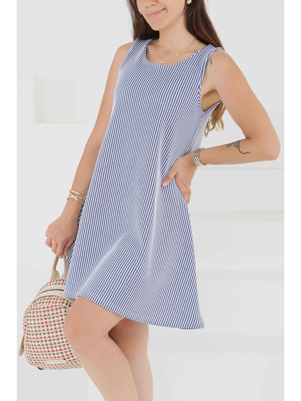 Su Yolu Fermuarlı Elbise Lacivert - 27502-3