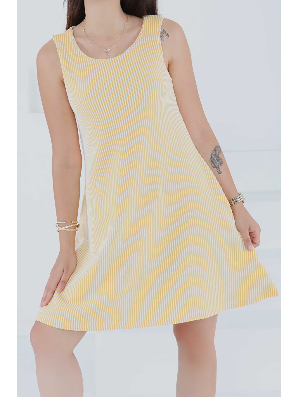 Sarı Su Yolu Fermuarlı Elbise Sari - 27502-4