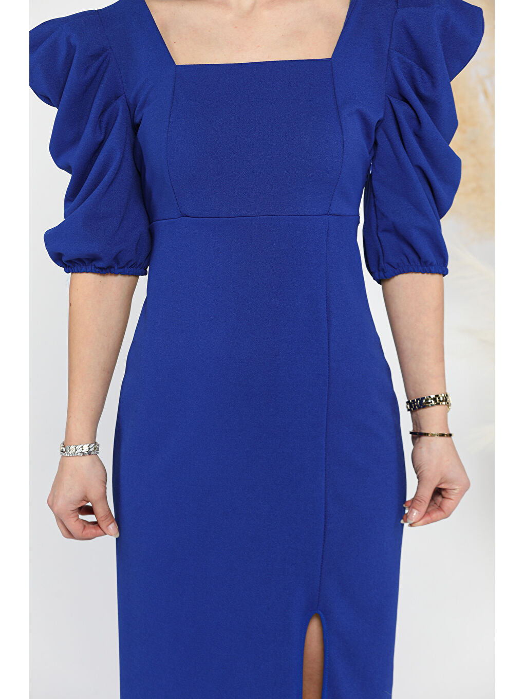 Mavi Kadın Sırt Dekolteli Yırtmaçlı Kare Yaka Elbise-2