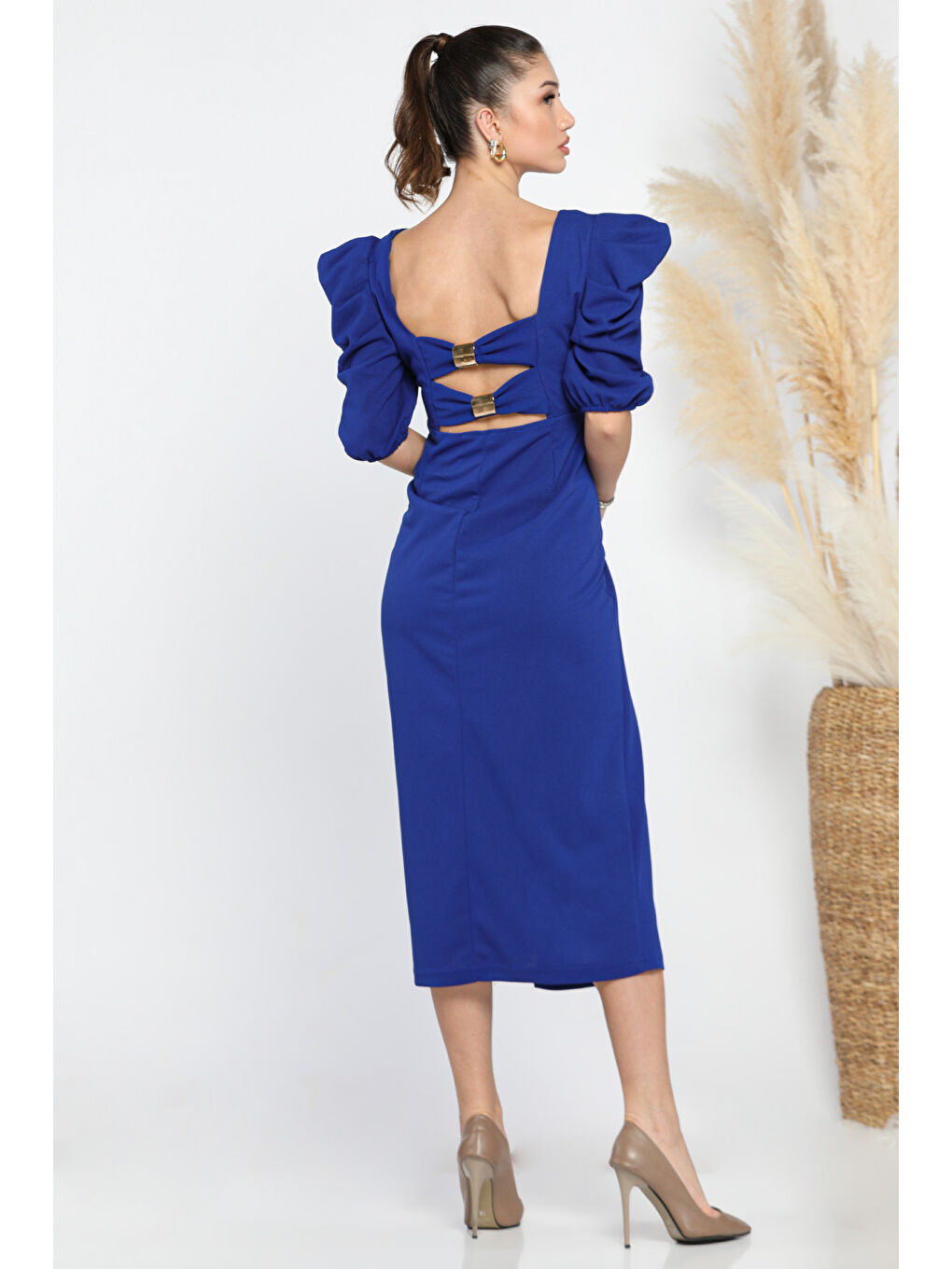 Mavi Kadın Sırt Dekolteli Yırtmaçlı Kare Yaka Elbise-3