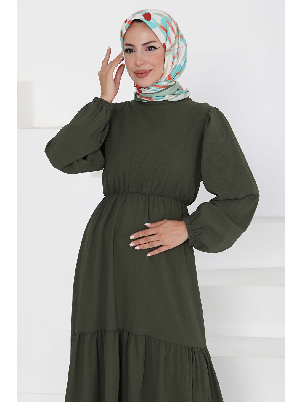 Beli Bağcıklı Elbise Haki - 27303-1