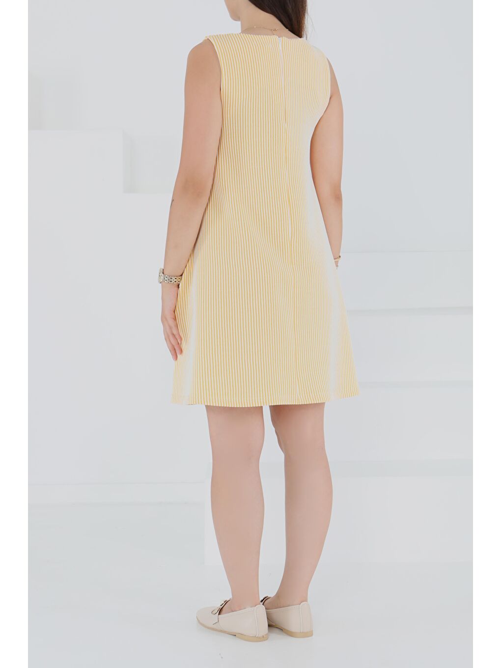Sarı Su Yolu Fermuarlı Elbise Sari - 27502-5