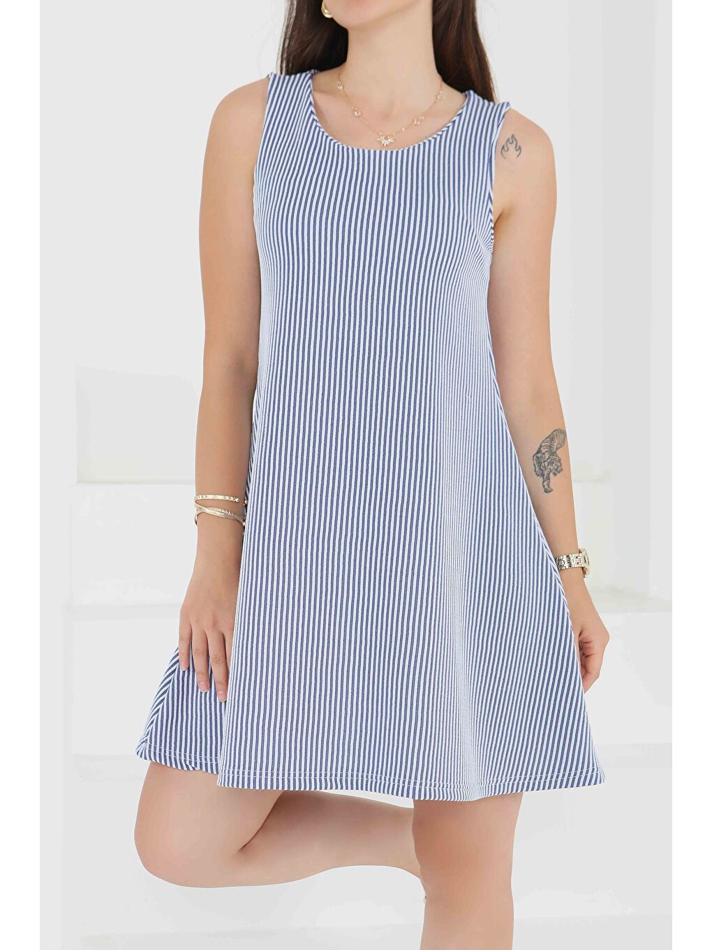 Su Yolu Fermuarlı Elbise Lacivert - 27502-4