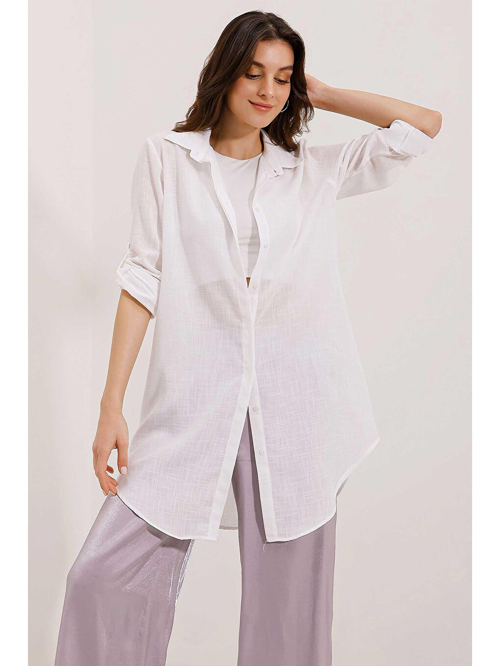 5885 Uzun Keten Gömlek - Beyaz-1