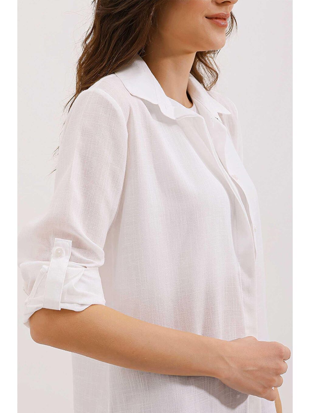 5885 Uzun Keten Gömlek - Beyaz-2