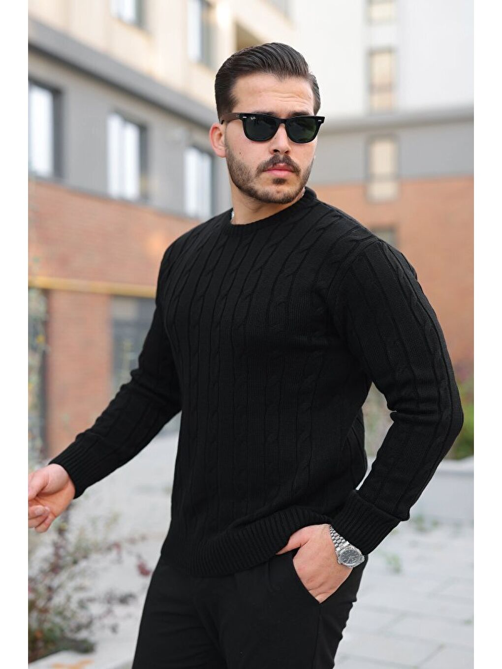 Siyah Erkek Örgü Desen Bisiklet Yaka Kazak-1