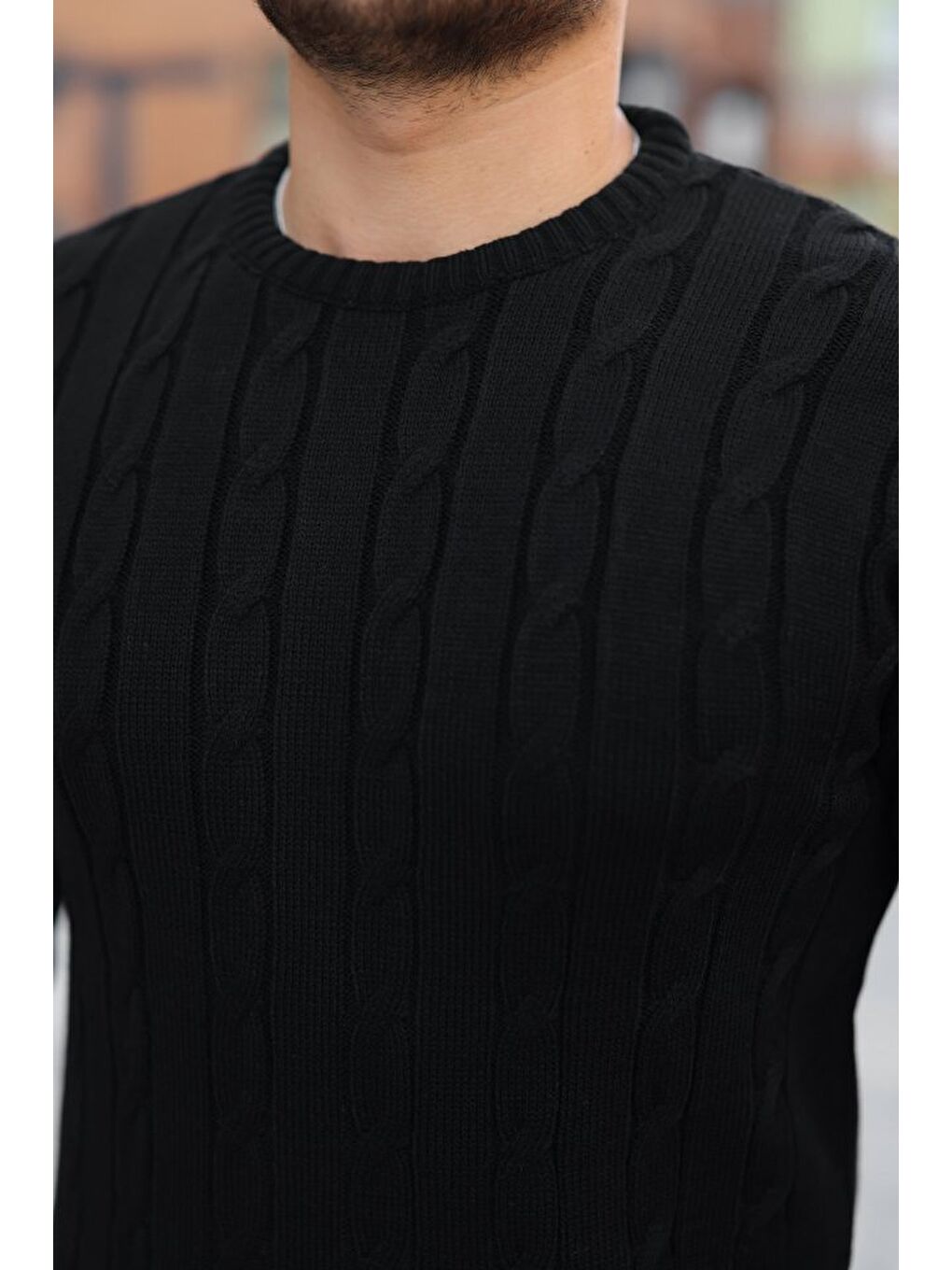 Siyah Erkek Örgü Desen Bisiklet Yaka Kazak-2