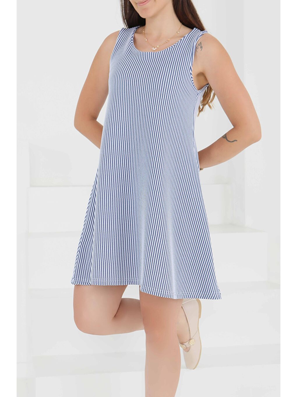 Su Yolu Fermuarlı Elbise Lacivert - 27502-5