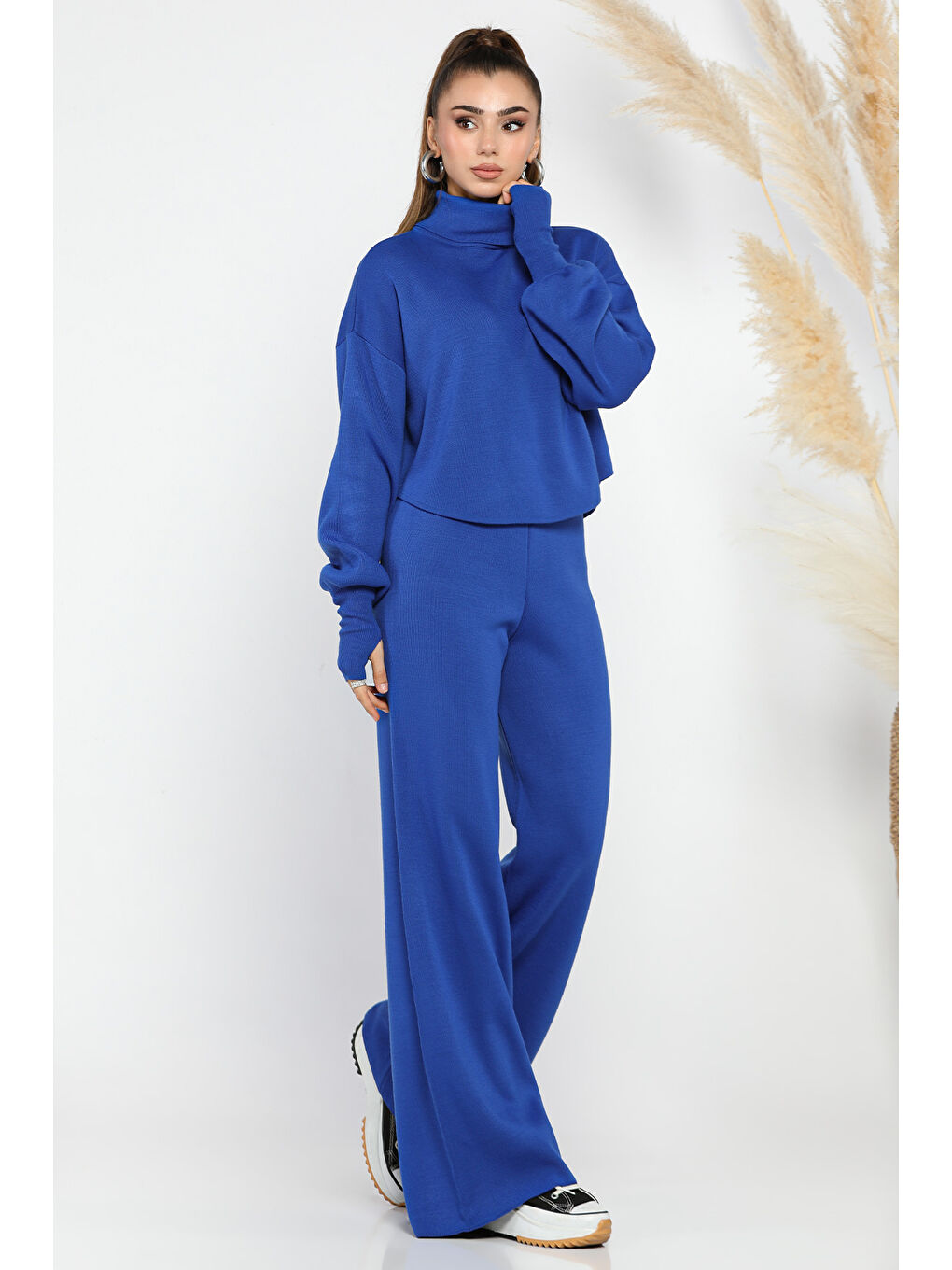 Mavi Crop Kazak Pantolon Triko İkili Takım-1