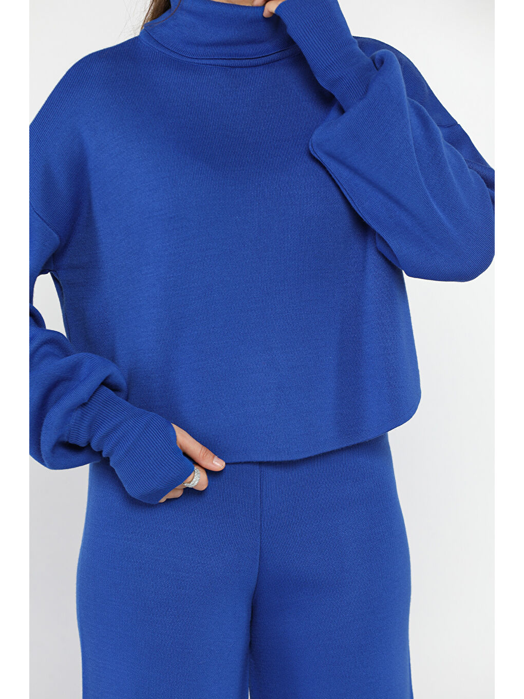 Mavi Crop Kazak Pantolon Triko İkili Takım-3