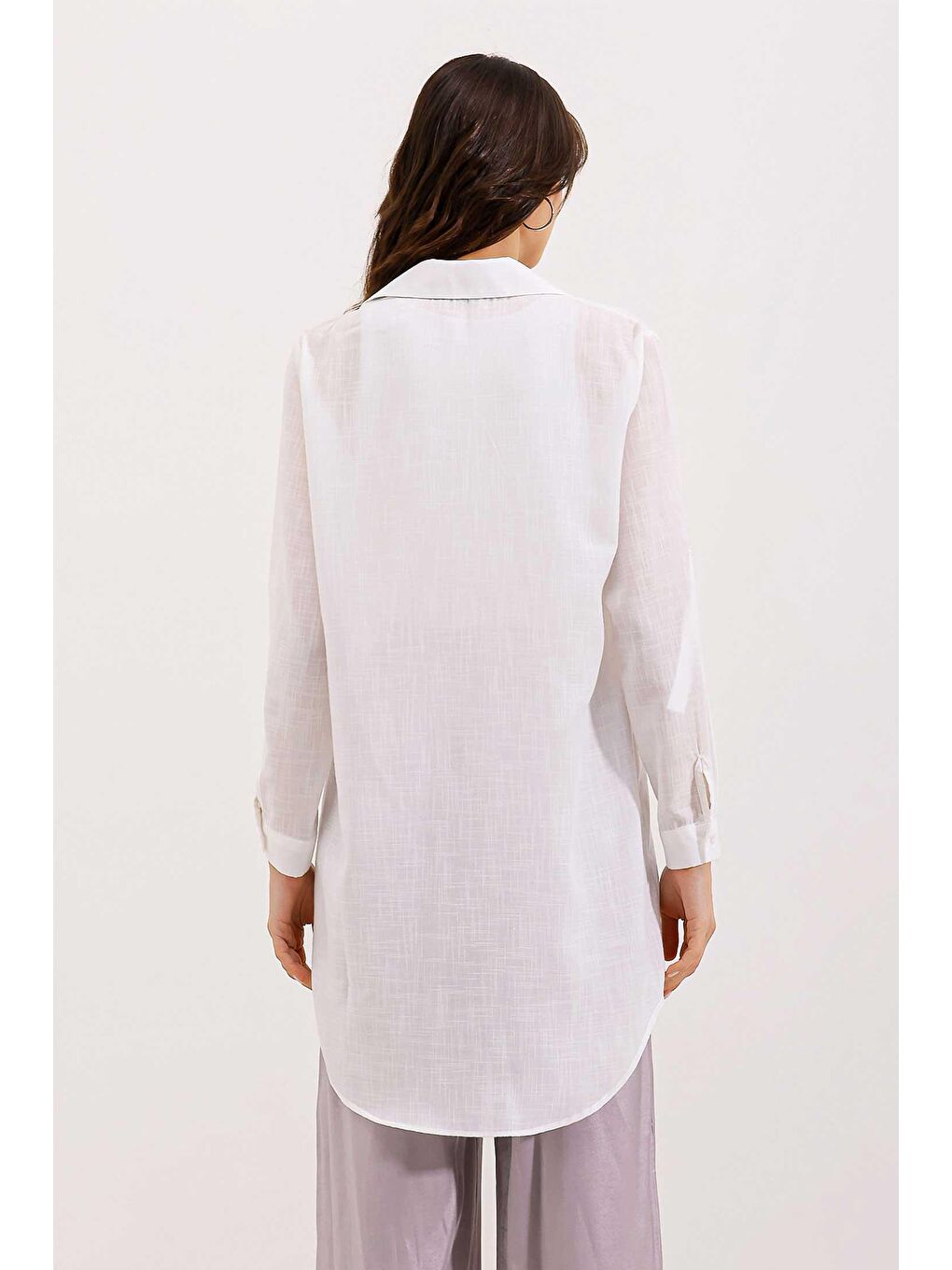 5885 Uzun Keten Gömlek - Beyaz-3