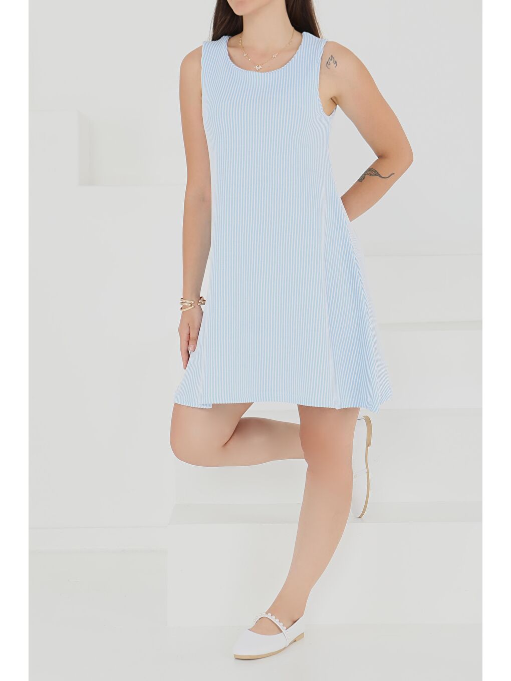 Su Yolu Fermuarlı Elbise Bebe Mavi - 27502-4